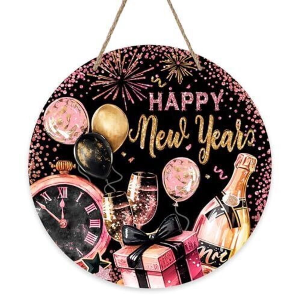 4695 Happy New Year 2026 Front Door Sign, Pink Gold Clock Gift Champagne